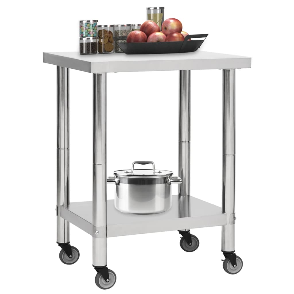 Mesa de trabalho de cozinha com rodas aço inoxidável 80x30x85cm