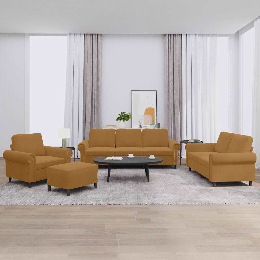 4 Pcs conjunto de sofás com almofadões veludo castanho