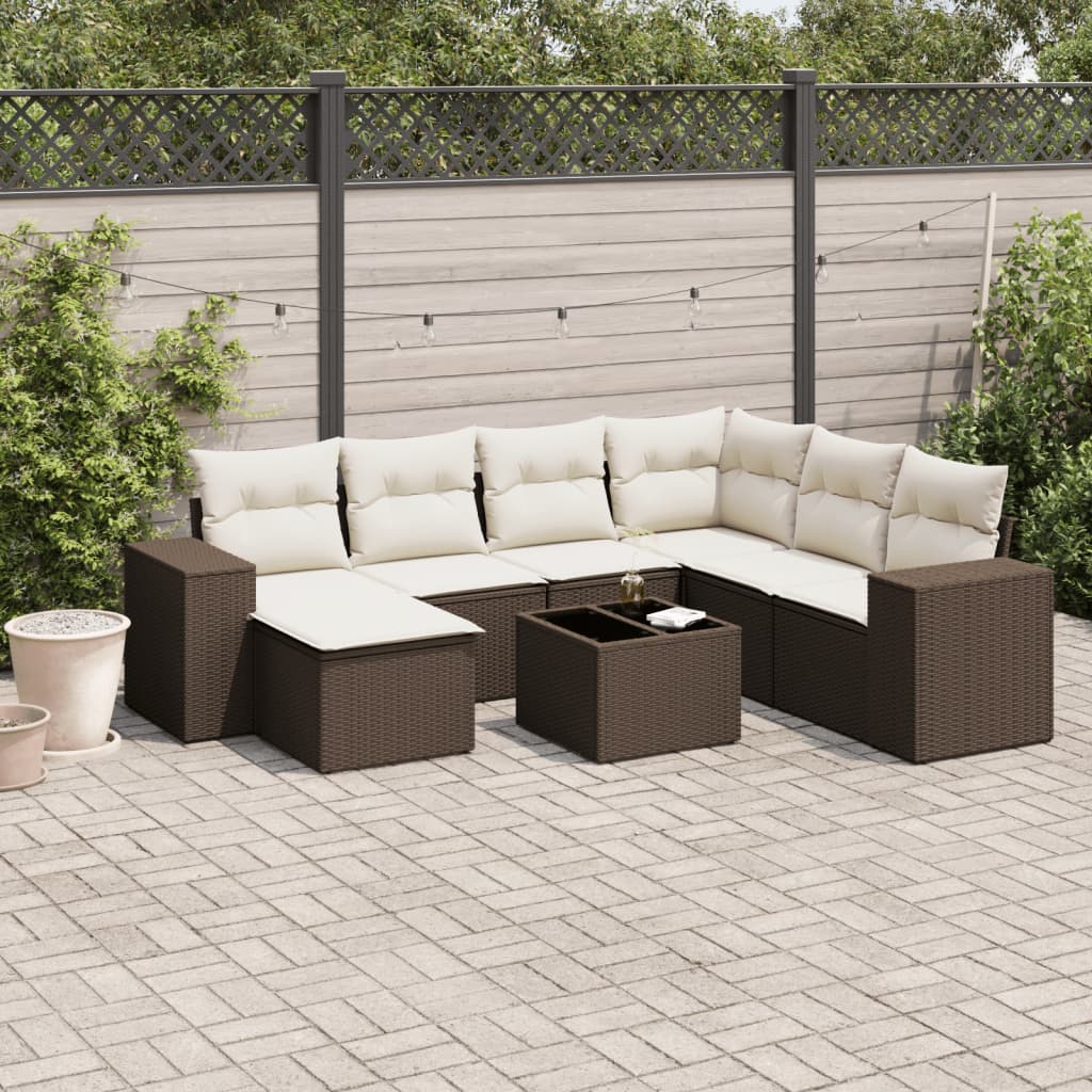 8 Pcs conjunto sofás de jardim c/ almofadões vime PE castanho