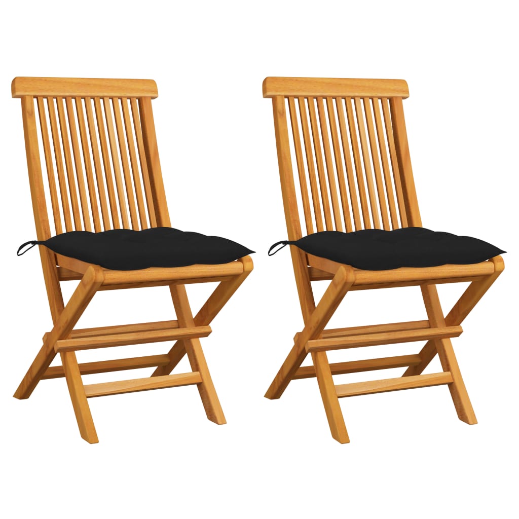 Cadeiras de jardim c/ almofadões pretos 2 pcs teca maciça
