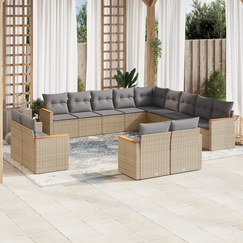 13 Pcs conjunto de sofás p/ jardim com almofadões vime PE bege