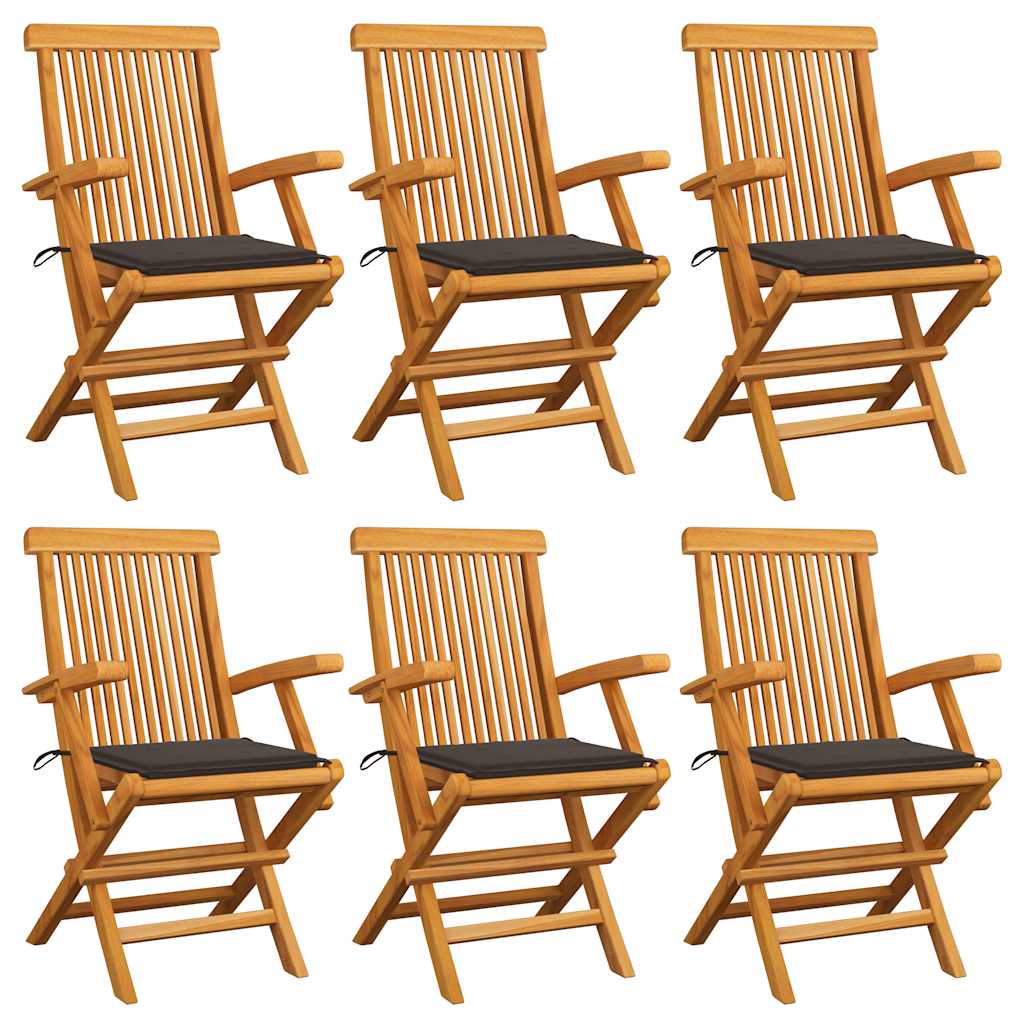 Cadeiras de jardim c/ almofadões cinza-acast. 6 pcs teca maciça