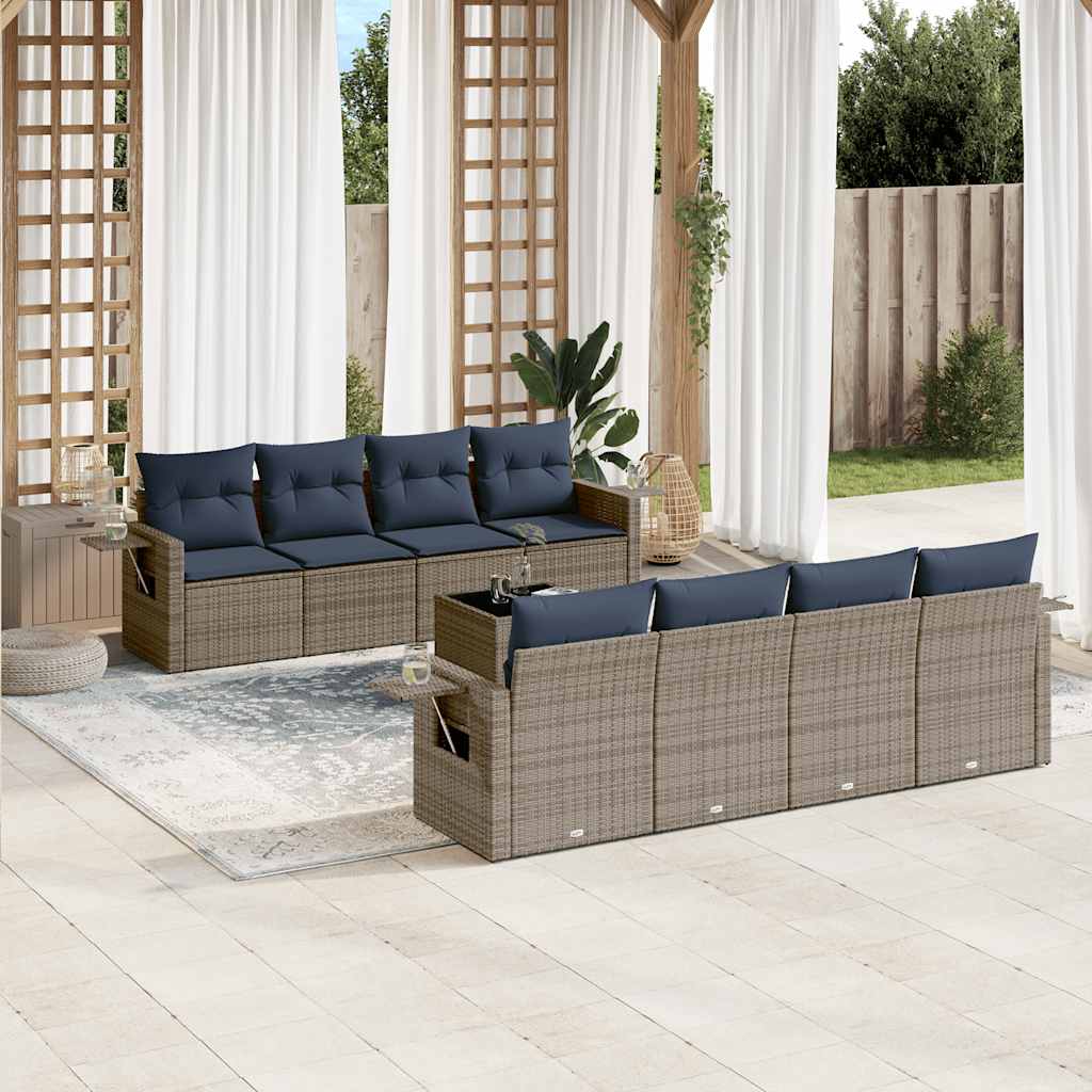 Conjunto de sofá de jardim de 9 peças com almofadas em rattan sintético cinza