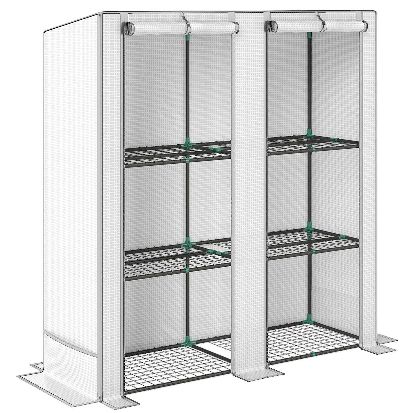 Estufa de exterior pequena com 3 prateleiras 2 portas de enrolar capa de PE e estrutura de aço 144x48x152 cm branco