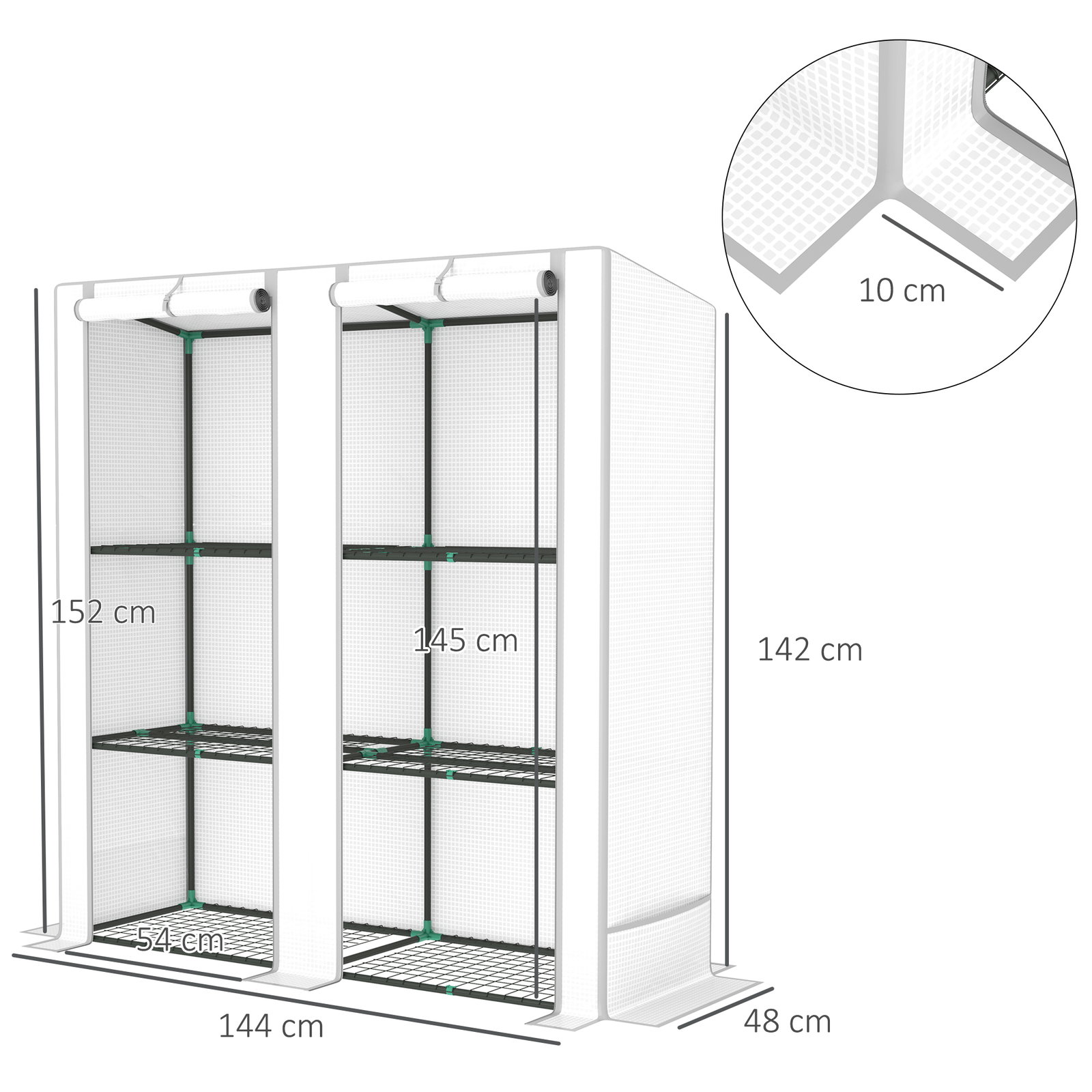 Estufa de exterior pequena com 3 prateleiras 2 portas de enrolar capa de PE e estrutura de aço 144x48x152 cm branco