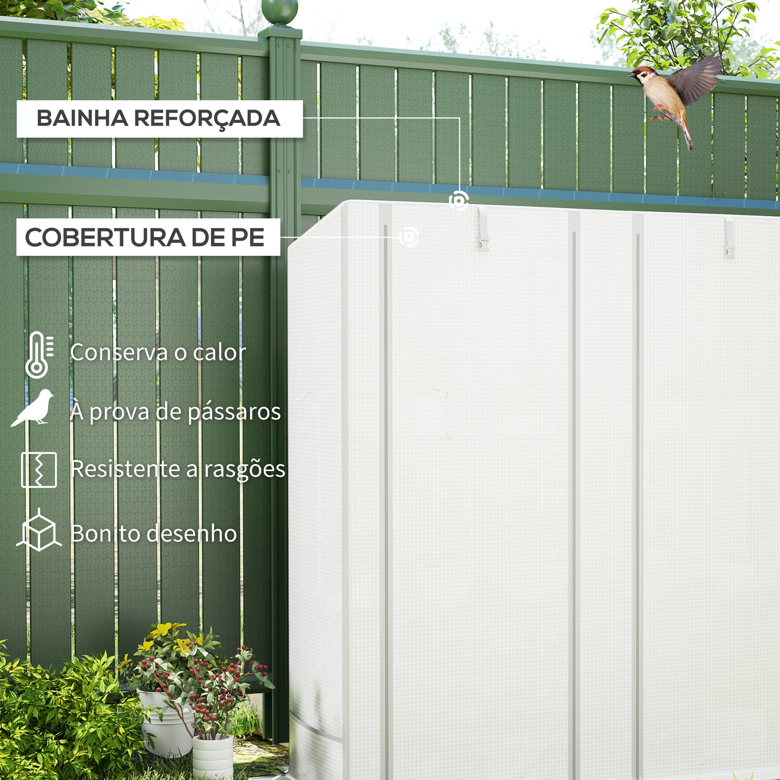 Estufa de exterior pequena com 3 prateleiras 2 portas de enrolar capa de PE e estrutura de aço 144x48x152 cm branco