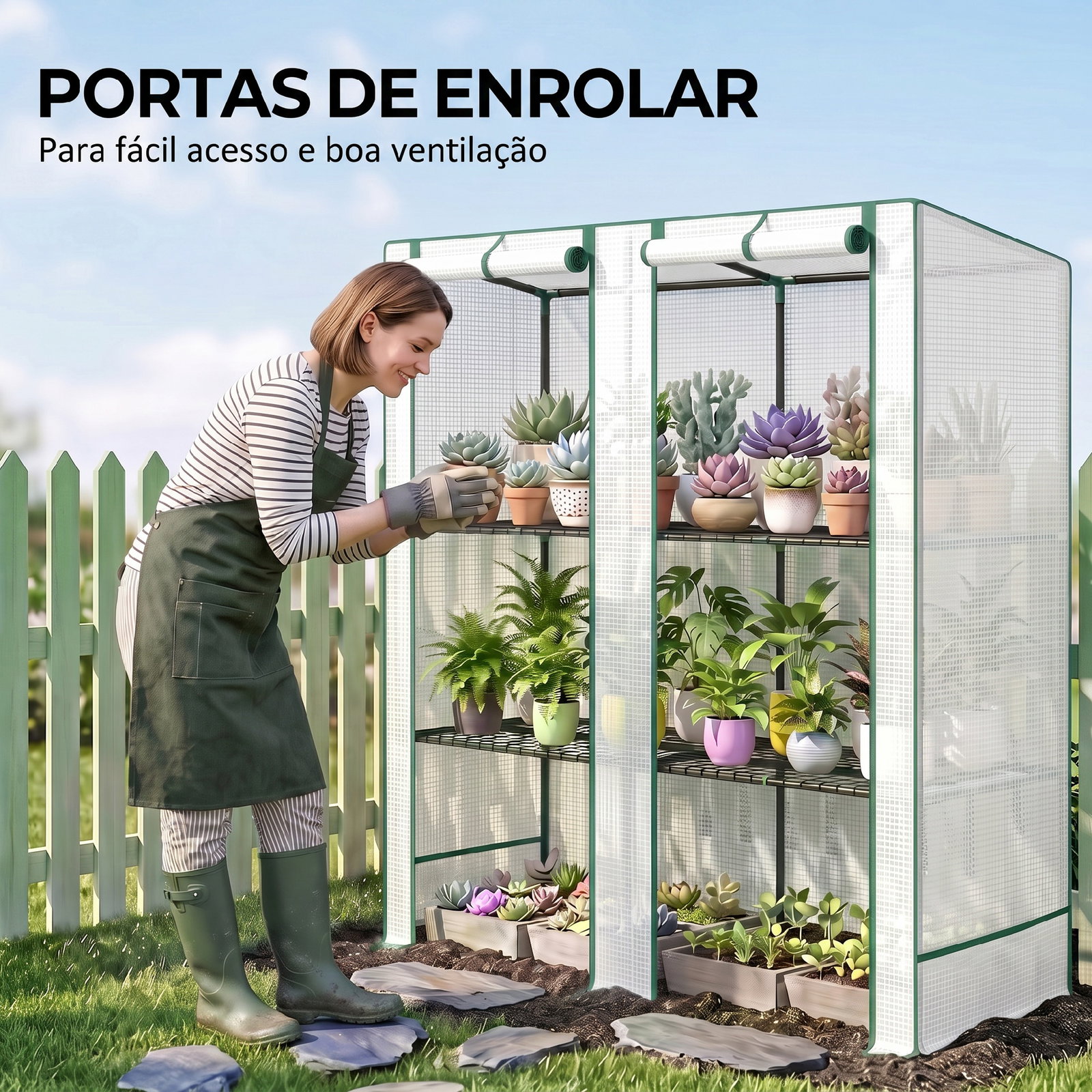 Estufa de exterior pequena com 3 prateleiras 2 portas de enrolar capa de PE e estrutura de aço 144x48x152 cm branco