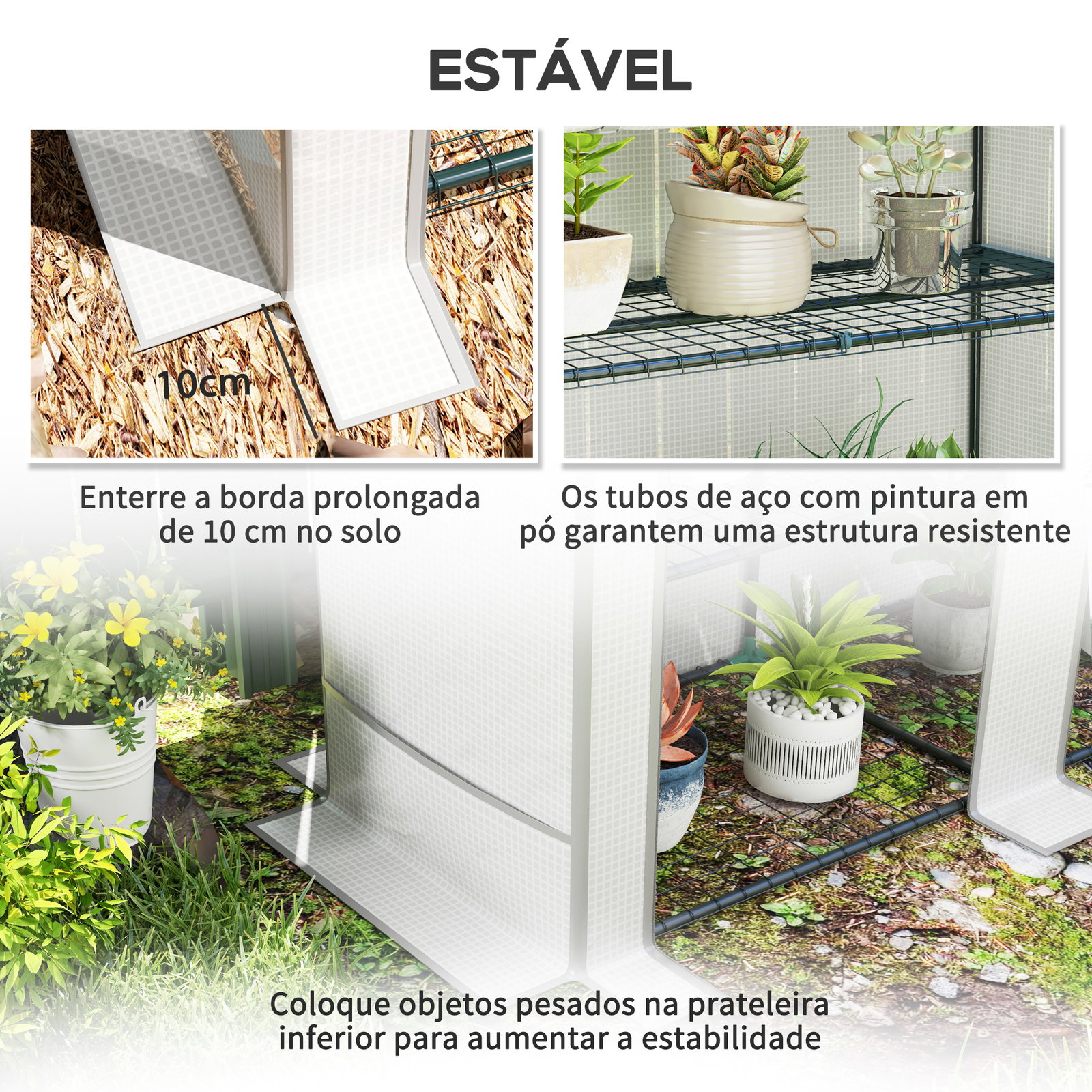 Estufa de exterior pequena com 3 prateleiras 2 portas de enrolar capa de PE e estrutura de aço 144x48x152 cm branco