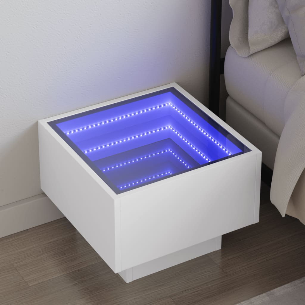 Mesa de cabeceira com luzes LED infinity 40x40x30 cm branco