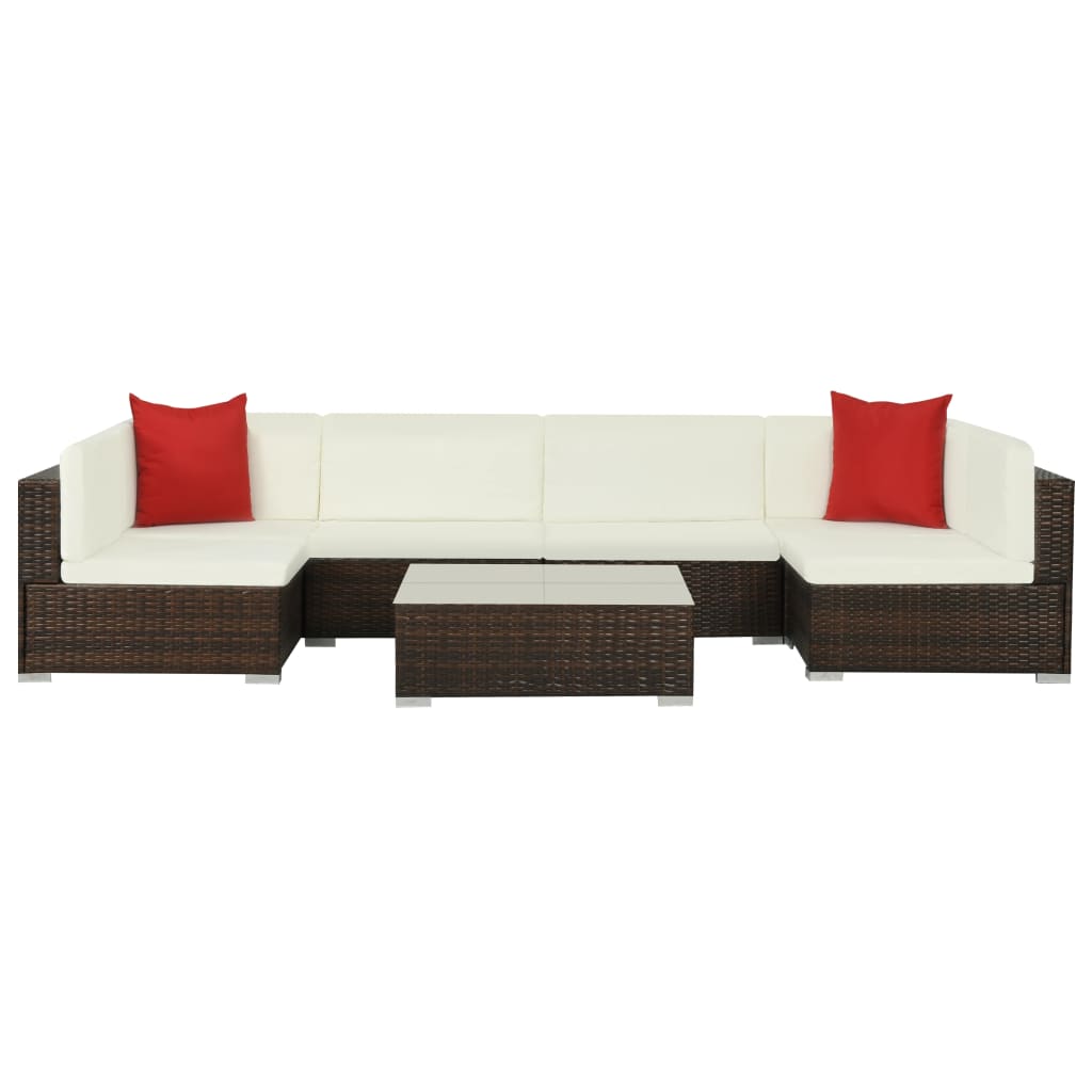 7 Pcs conjunto lounge jardim c/ almofadões vime PE castanho
