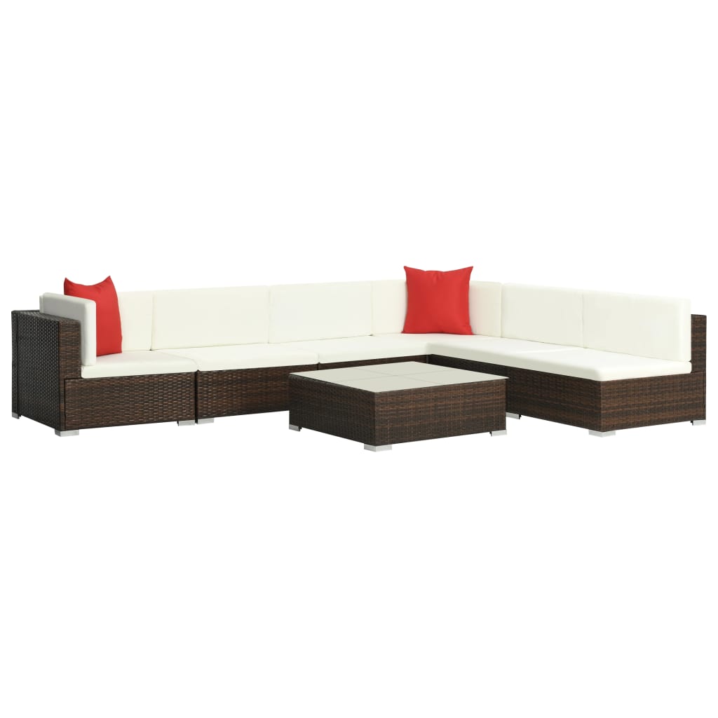 7 Pcs conjunto lounge jardim c/ almofadões vime PE castanho