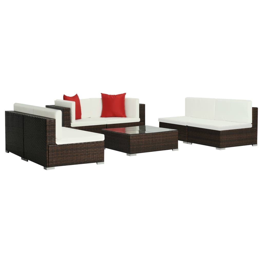 7 Pcs conjunto lounge jardim c/ almofadões vime PE castanho