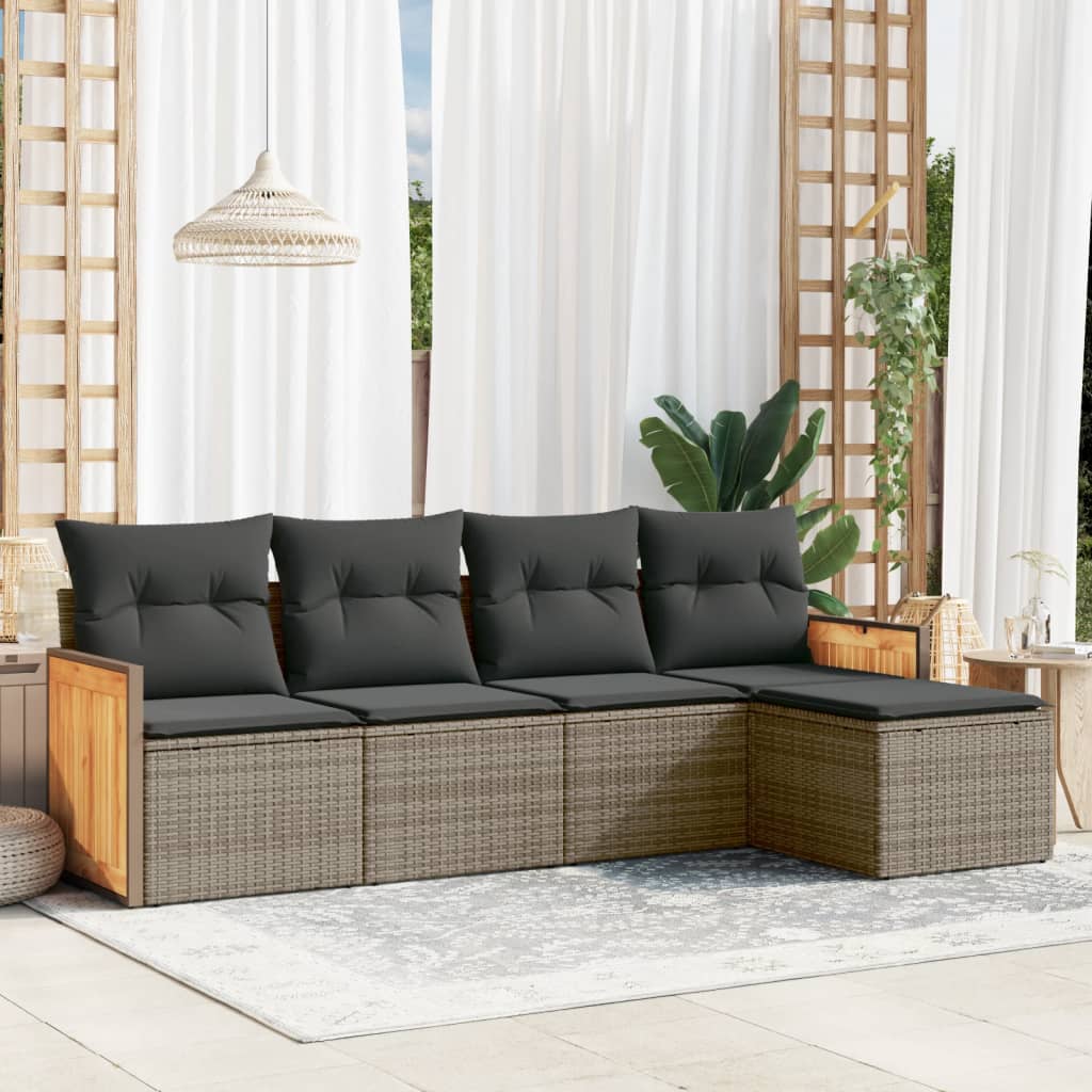 5 Pcs conjunto sofás de jardim c/ almofadões vime PE cinzento