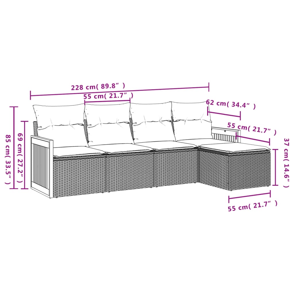 5 Pcs conjunto sofás de jardim c/ almofadões vime PE cinzento