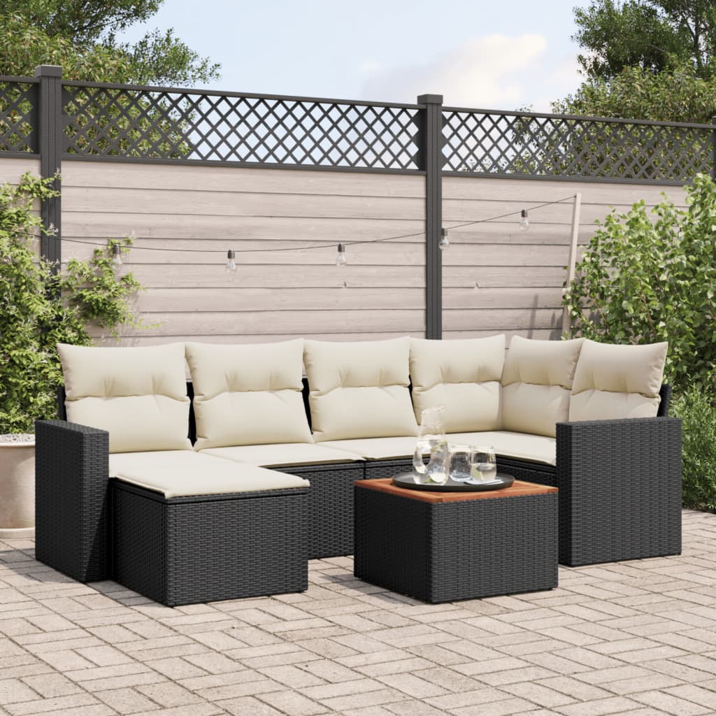 7 Pcs conjunto de sofás p/ jardim c/ almofadões vime PE preto