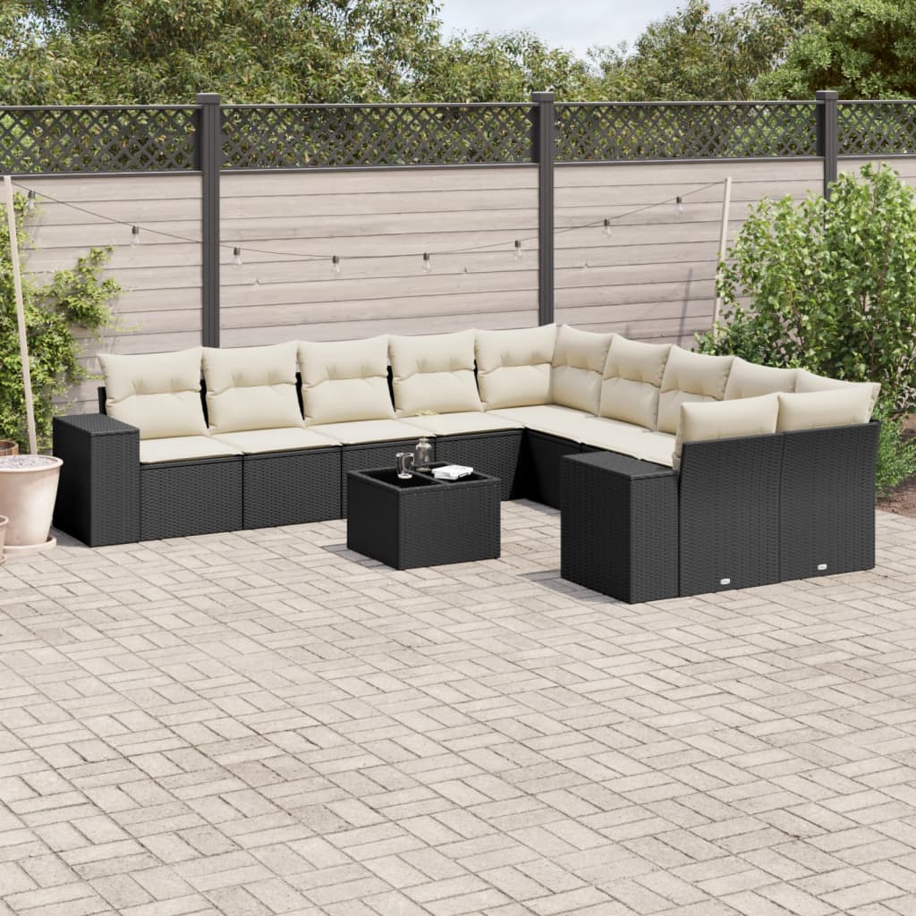 11 Pcs conjunto sofás de jardim c/ almofadões vime PE preto