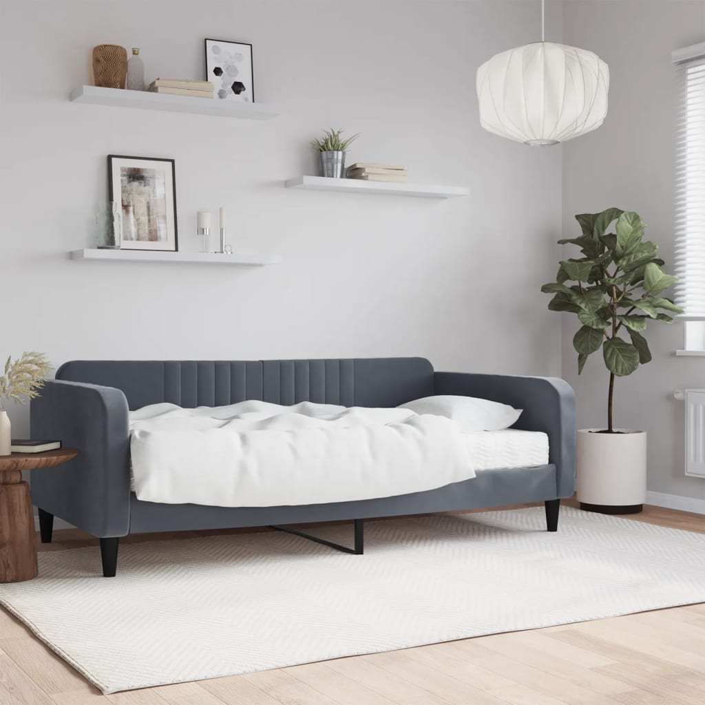 Sofá-cama com colchão 90x190 cm veludo cinzento-escuro