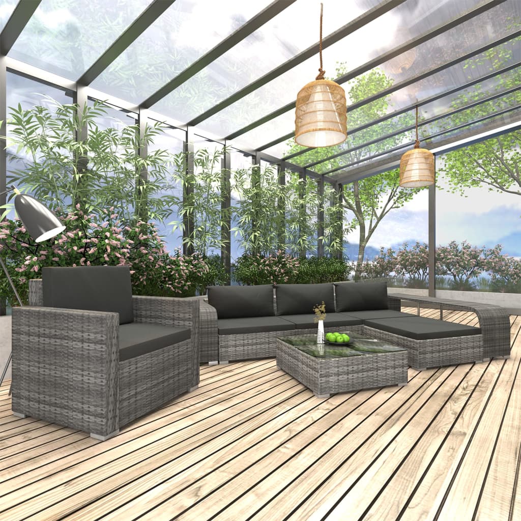 8 Pcs conjunto lounge de jardim c/ almofadões vime PE cinzento
