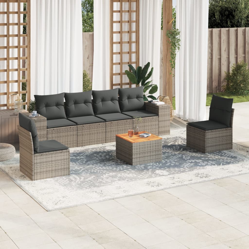7 Pcs conjunto sofás p/ jardim c/ almofadões vime PE cinzento