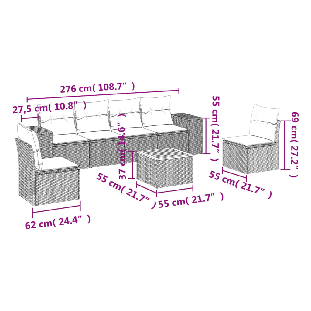 7 Pcs conjunto sofás p/ jardim c/ almofadões vime PE cinzento