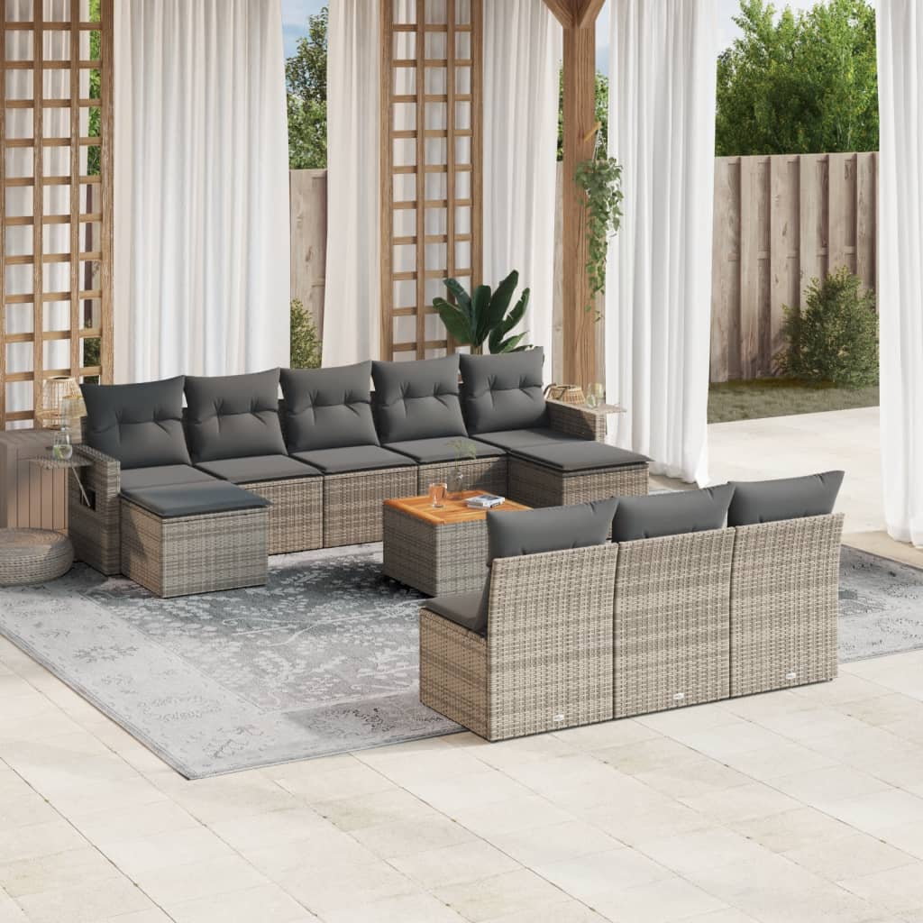 11 Pcs conjunto sofás de jardim c/ almofadões vime PE cinzento