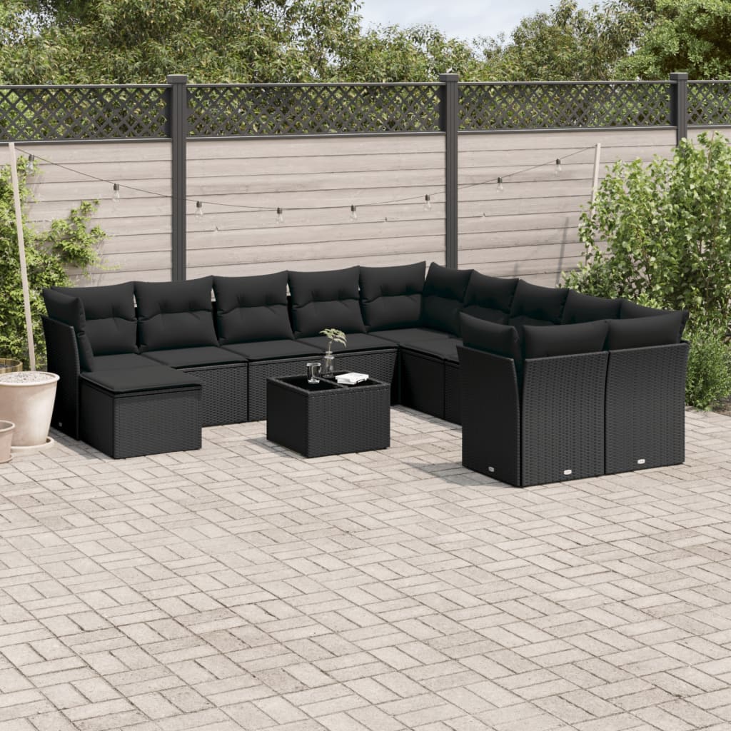 12 Pcs conjunto de sofás de jardim c/ almofadões vime PE preto