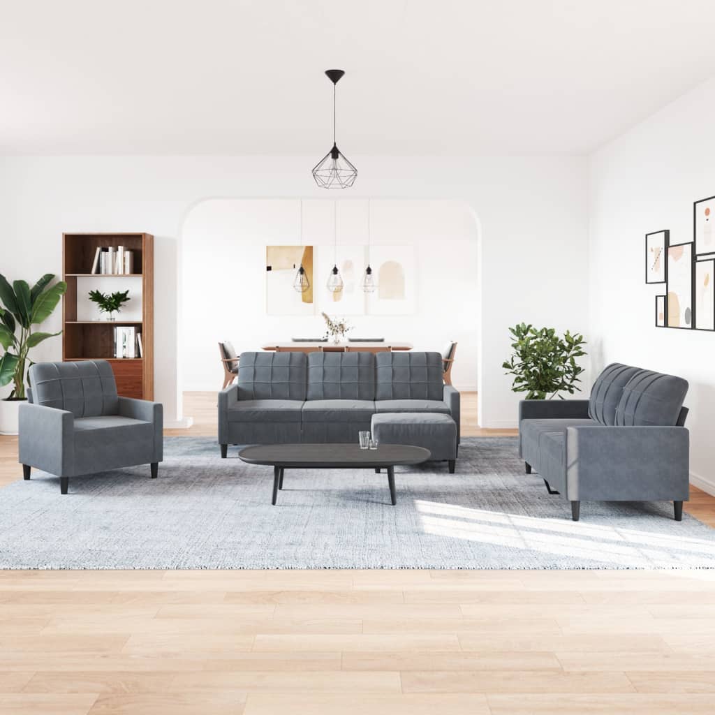 4 Pcs conjunto de sofás com almofadões veludo cinzento-escuro