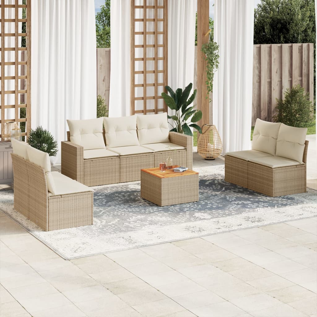 8 Pcs conjunto de sofás p/ jardim com almofadões vime PE bege