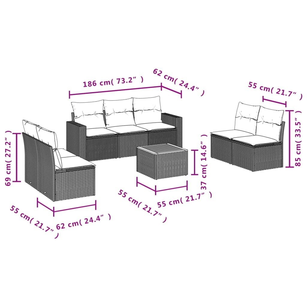 8 Pcs conjunto de sofás p/ jardim com almofadões vime PE bege