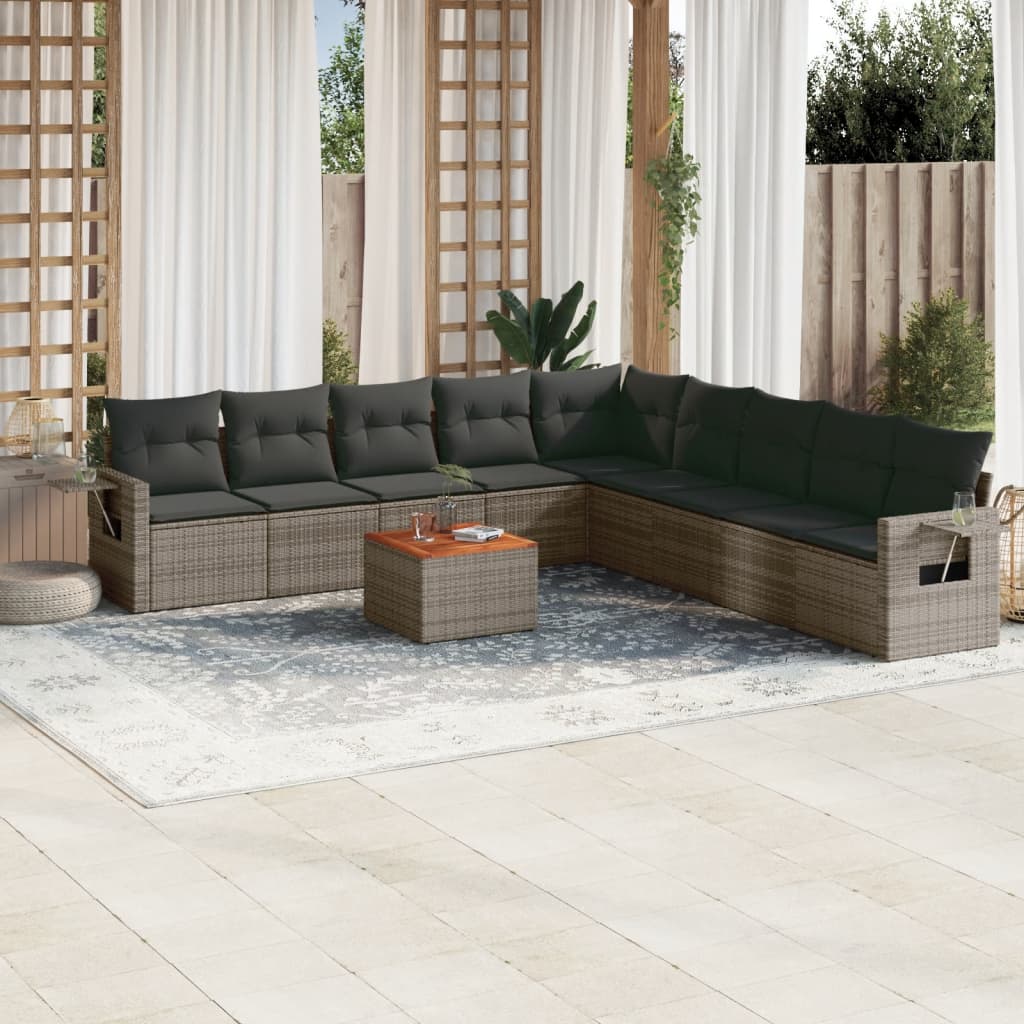 10 Pcs conjunto sofás de jardim c/ almofadões vime PE cinzento
