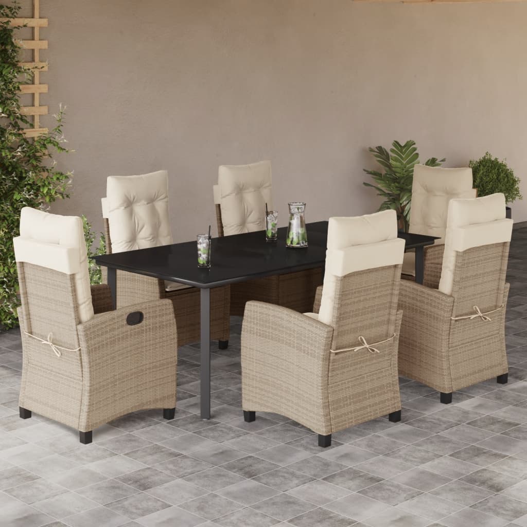 7 Pcs conjunto de jantar p/ jardim com almofadões vime PE bege