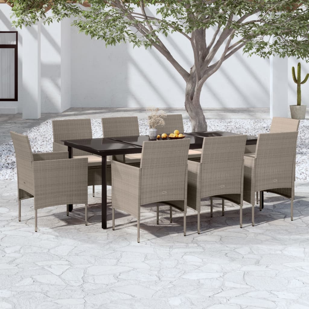 9 Pcs conjunto de jantar para jardim c/ almofadões bege/preto