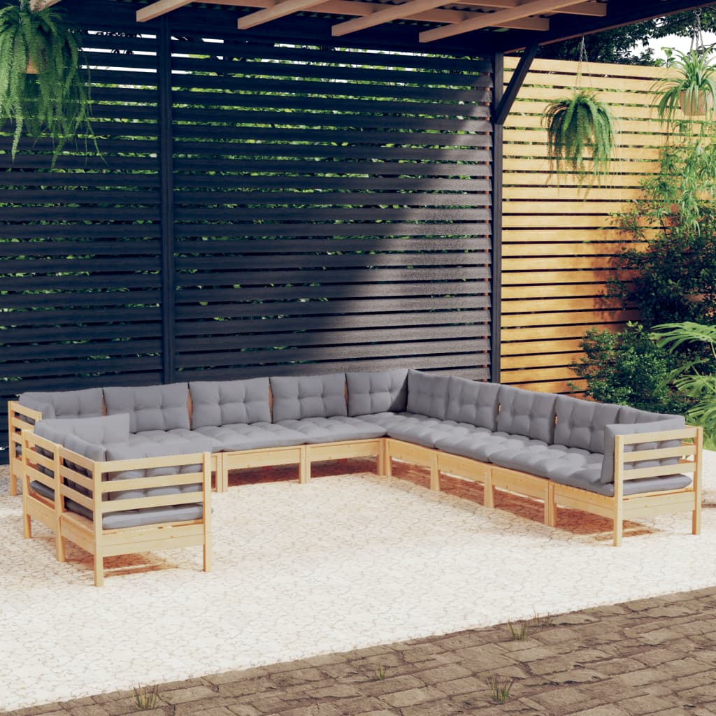 11Pcs conjunto lounge de jardim + almofadões cinza pinho maciço