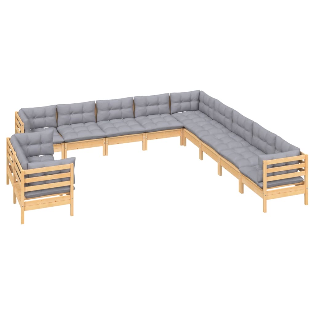 11Pcs conjunto lounge de jardim + almofadões cinza pinho maciço