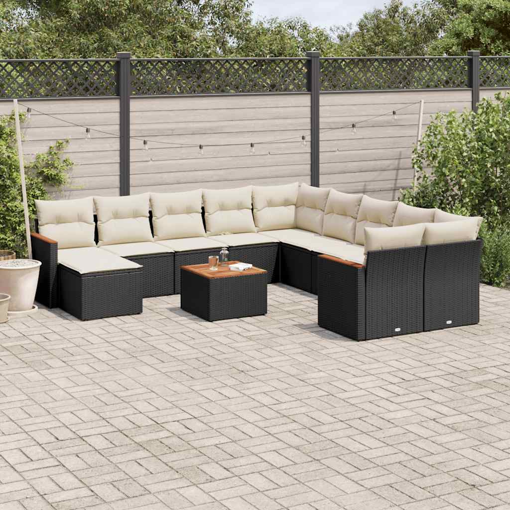 12 Pcs conjunto de sofás de jardim c/ almofadões vime PE preto