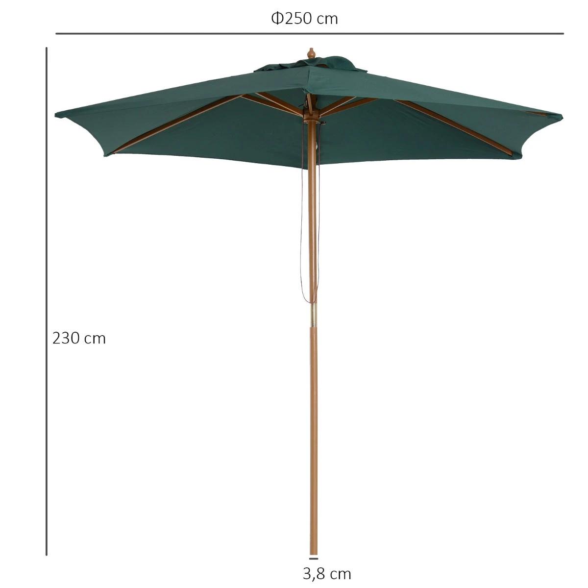 Chapéu de sol ø250x230cm chapéu de sol com mastro de madeira com 6 hastes sistema de polia com fixação para jardim pátio terraço verde