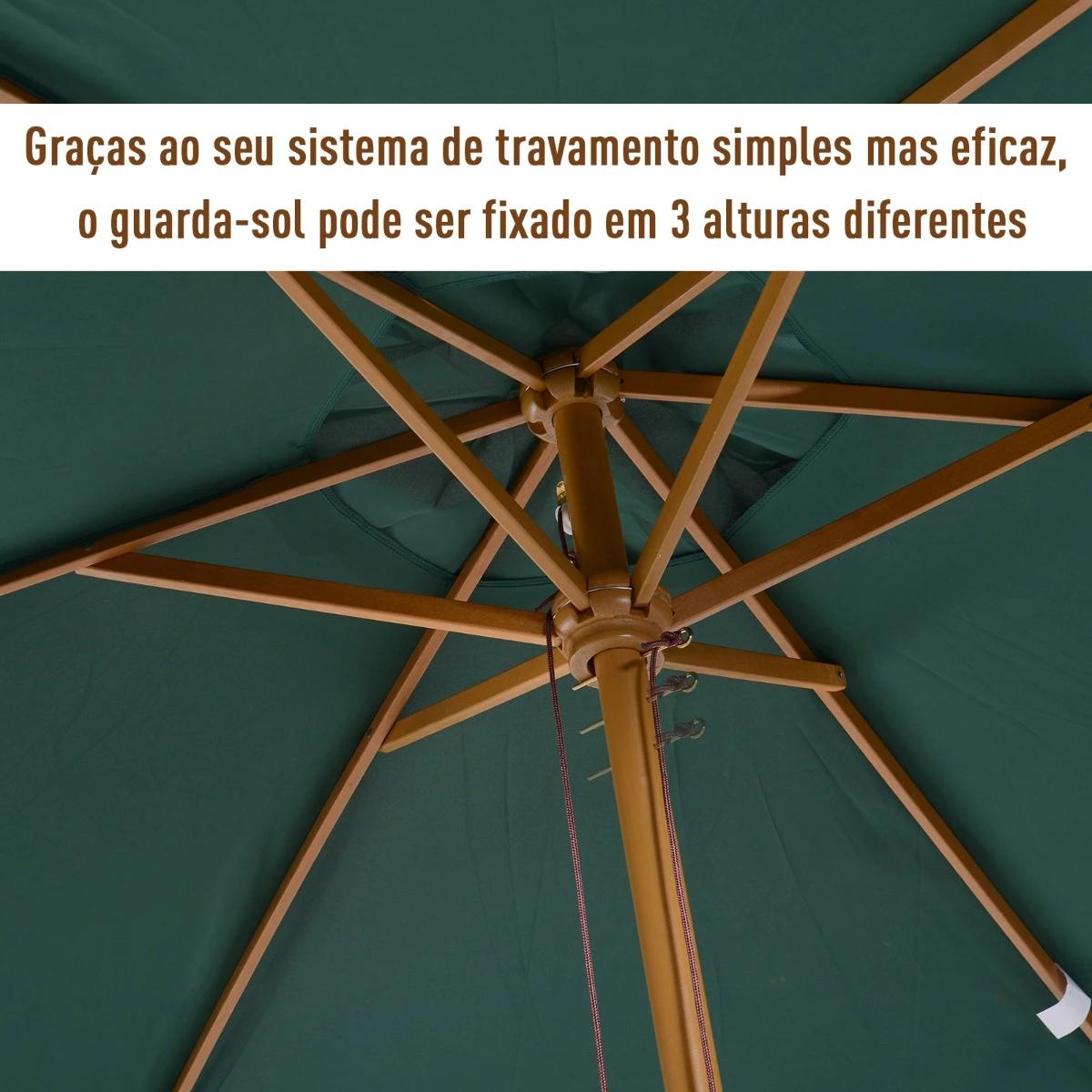 Chapéu de sol ø250x230cm chapéu de sol com mastro de madeira com 6 hastes sistema de polia com fixação para jardim pátio terraço verde