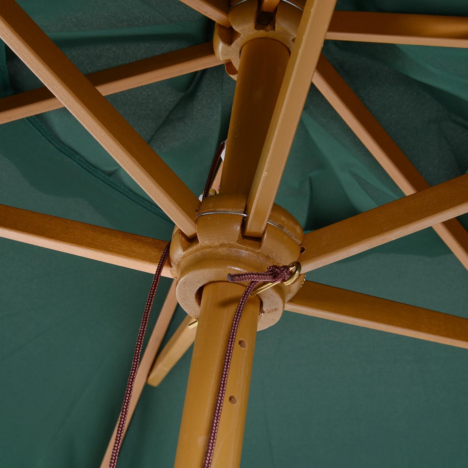 Chapéu de sol ø250x230cm chapéu de sol com mastro de madeira com 6 hastes sistema de polia com fixação para jardim pátio terraço verde