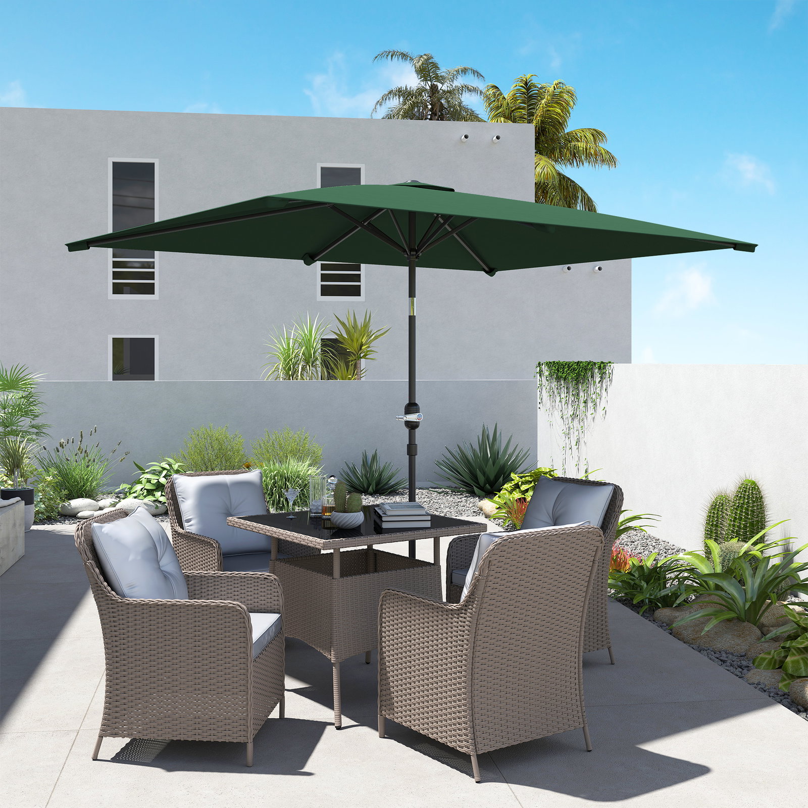 Chapéu de sol retangular de alumínio com toldo inclinável, manivela e mastro desmontável 195x295x253 cm - verde