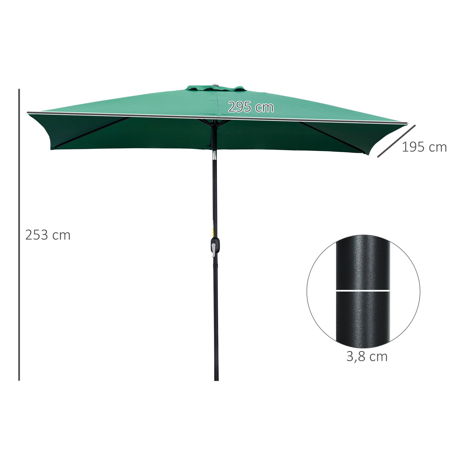 Chapéu de sol retangular de alumínio com toldo inclinável, manivela e mastro desmontável 195x295x253 cm - verde