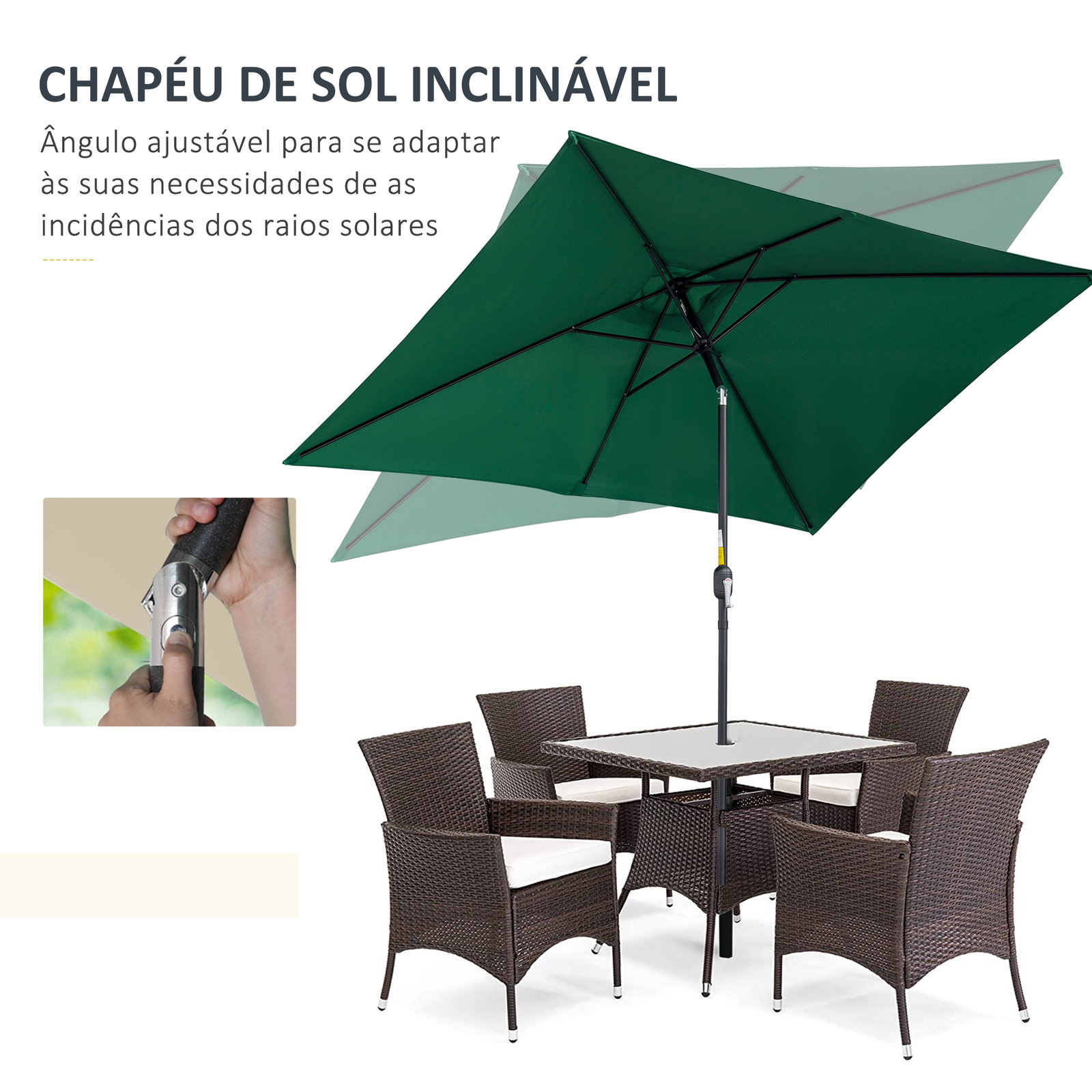 Chapéu de sol retangular de alumínio com toldo inclinável, manivela e mastro desmontável 195x295x253 cm - verde