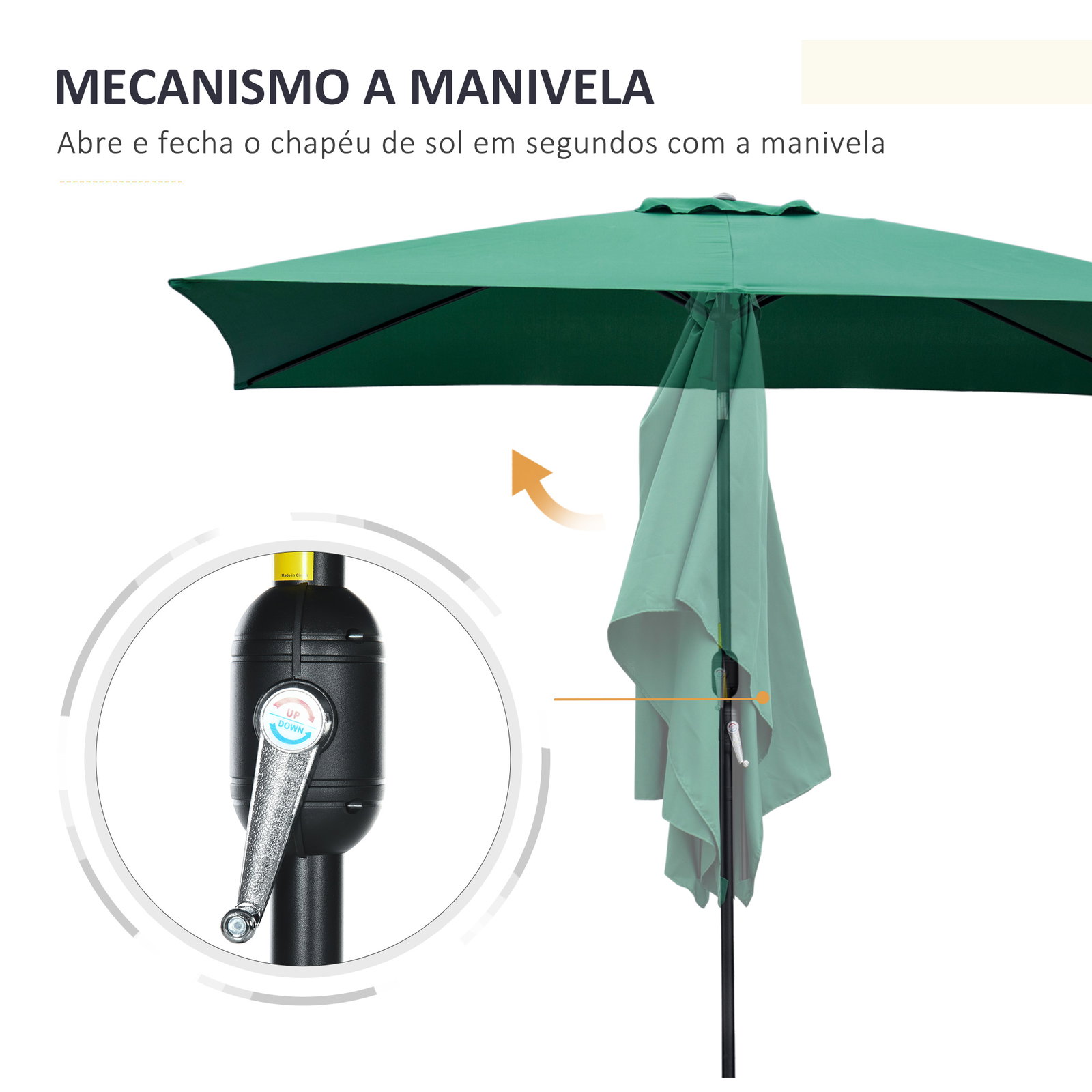 Chapéu de sol retangular de alumínio com toldo inclinável, manivela e mastro desmontável 195x295x253 cm - verde