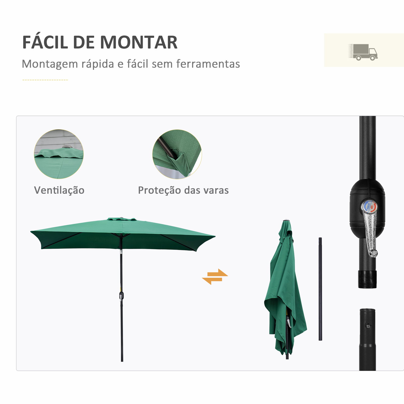 Chapéu de sol retangular de alumínio com toldo inclinável, manivela e mastro desmontável 195x295x253 cm - verde