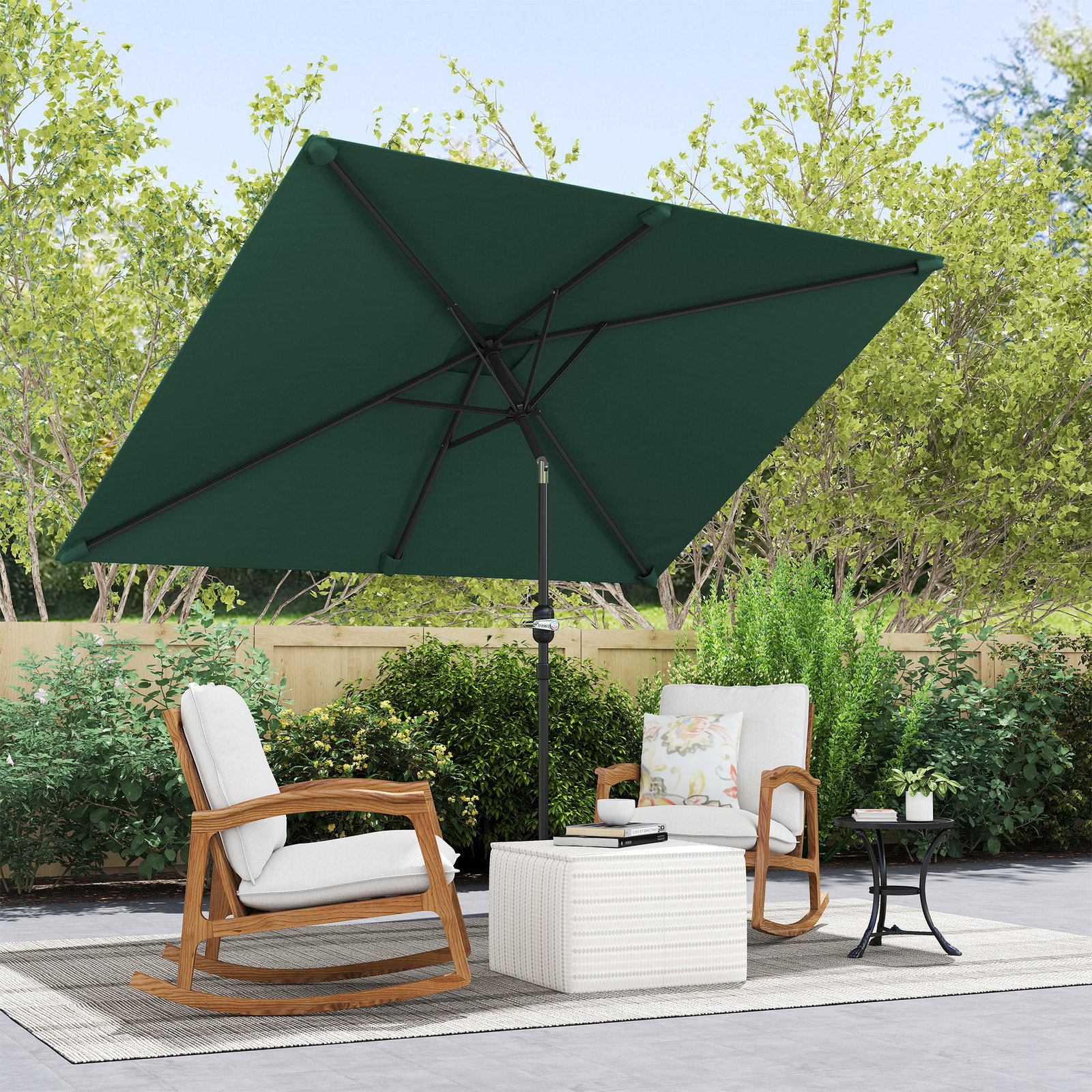 Chapéu de sol retangular de alumínio com toldo inclinável, manivela e mastro desmontável 195x295x253 cm - verde