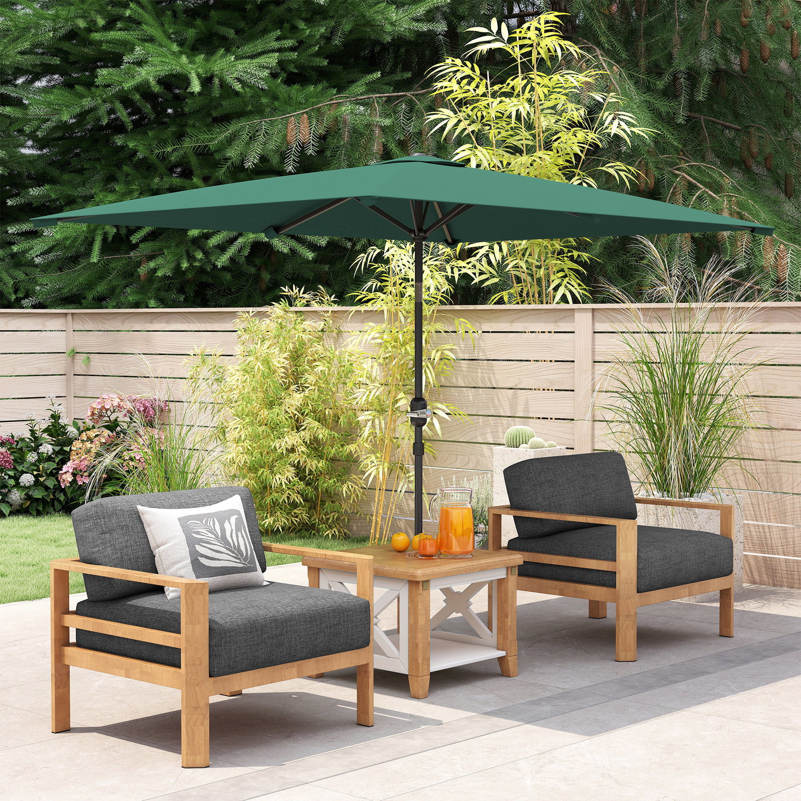 Chapéu de sol retangular de alumínio com toldo inclinável, manivela e mastro desmontável 195x295x253 cm - verde