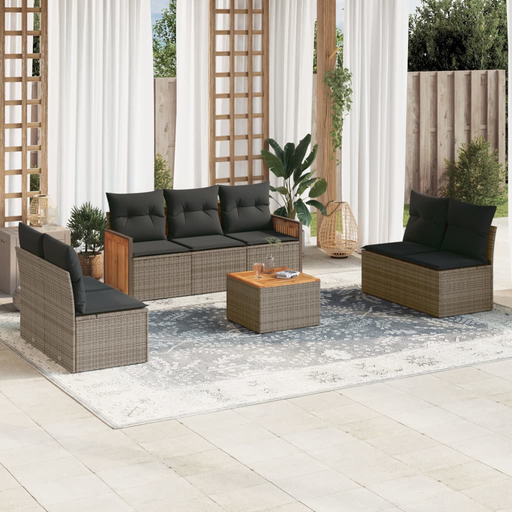 8 Pcs conjunto sofás de jardim c/ almofadões vime PE cinzento