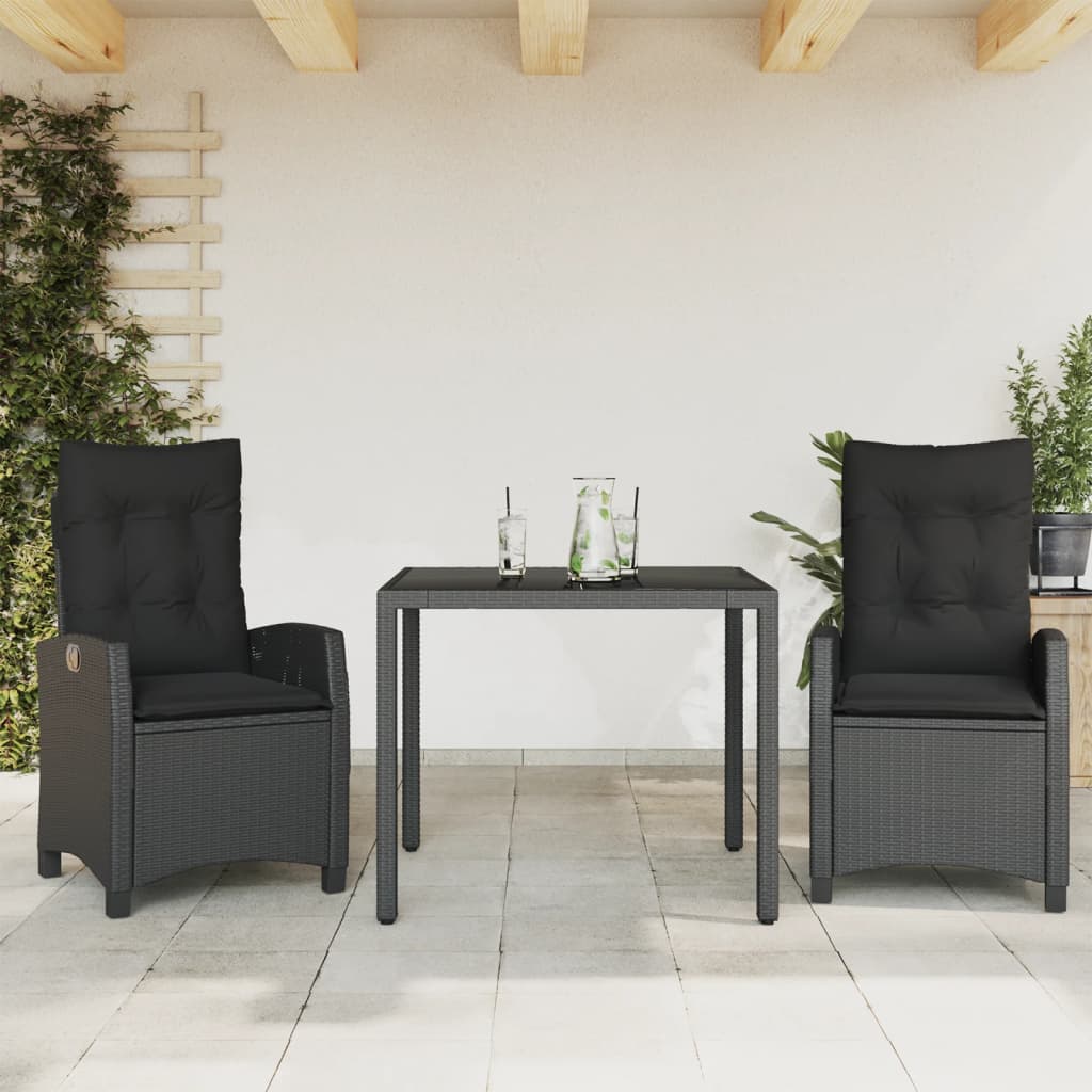 3 Pcs conjunto de jantar p/ jardim c/ almofadões vime PE preto