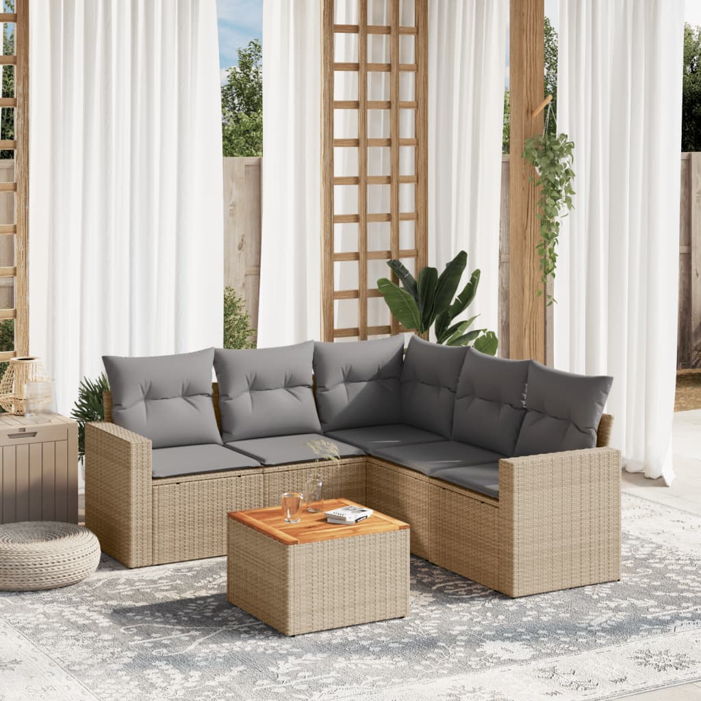 6 Pcs conj. sofás jardim c/ almofadões vime PE bege misturado