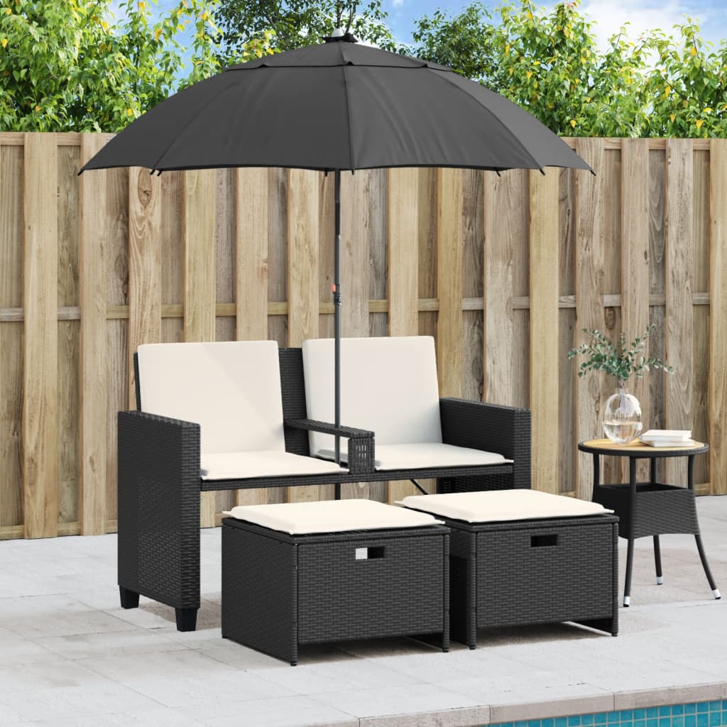 Sofá de jardim 2 lugares com guarda-sol e bancos vime PE preto