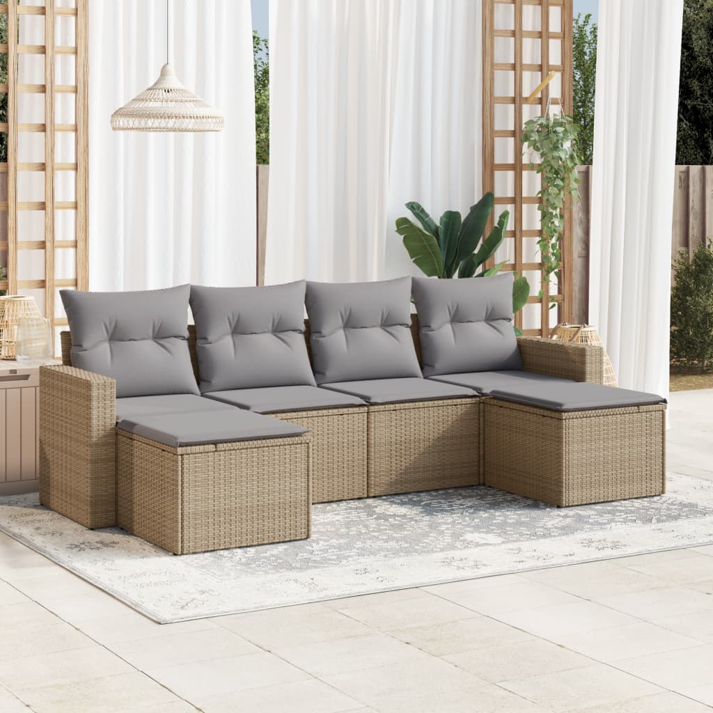 6 Pcs conjunto de sofás p/ jardim com almofadões vime PE bege